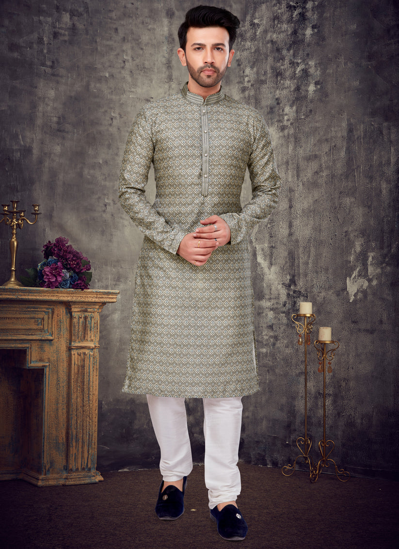 Dusty Green Slub Silk Embroidered Mens Kurta Pyjama Set