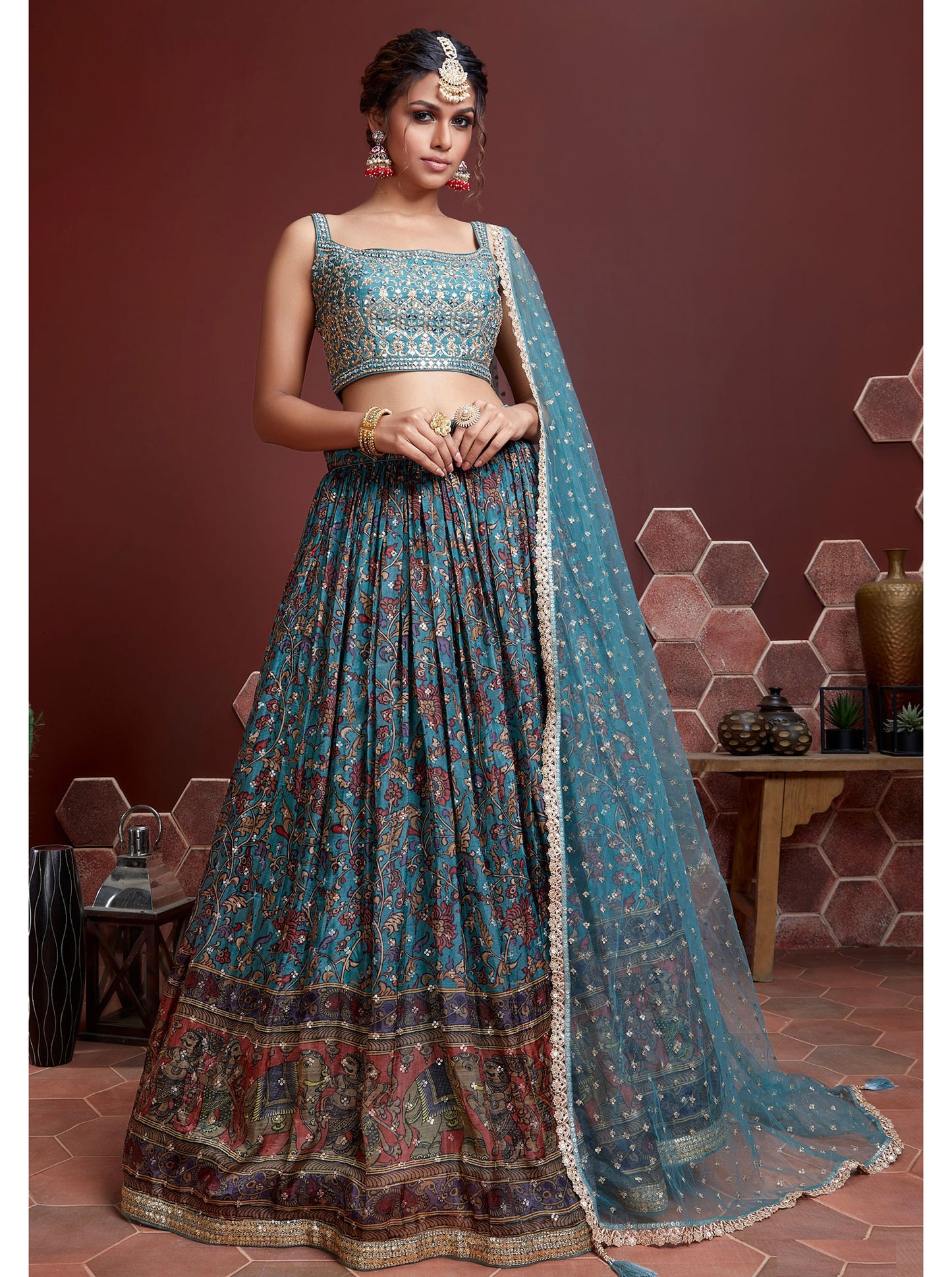 Sky Blue Chinnon Silk Embroidered Wedding Lehenga Choli