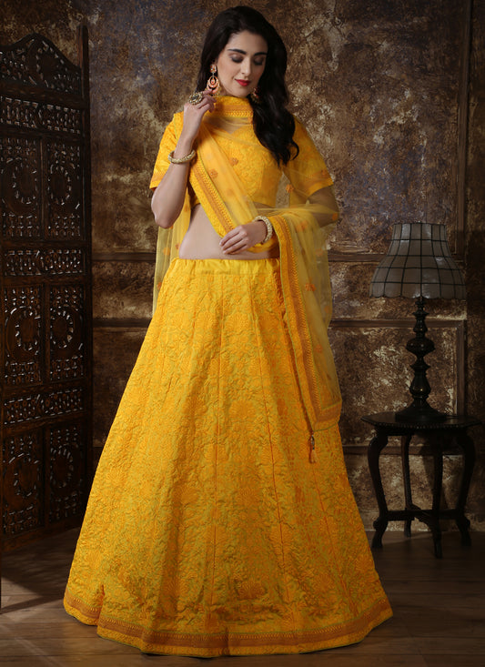 Golden Yellow Silk Lucknowi Pattern Embroidered Lehenga Choli
