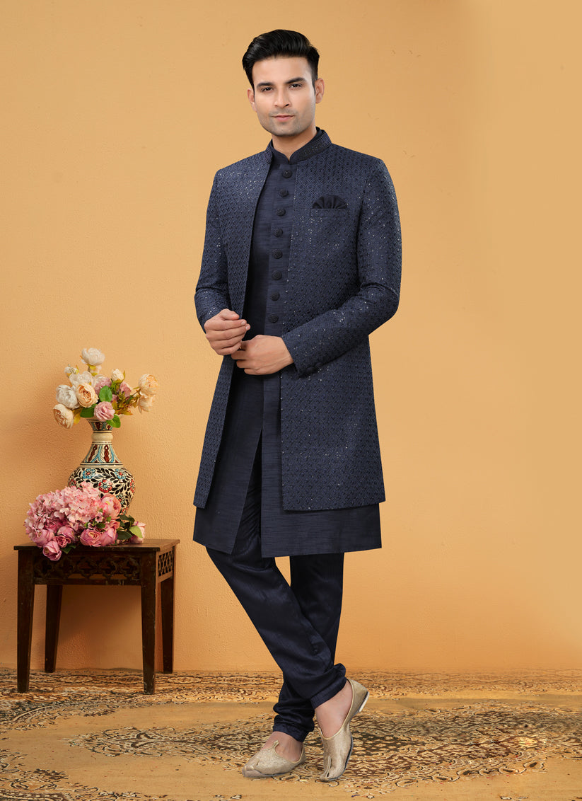 Midnight Blue Art Silk Designer Mens Indo Western