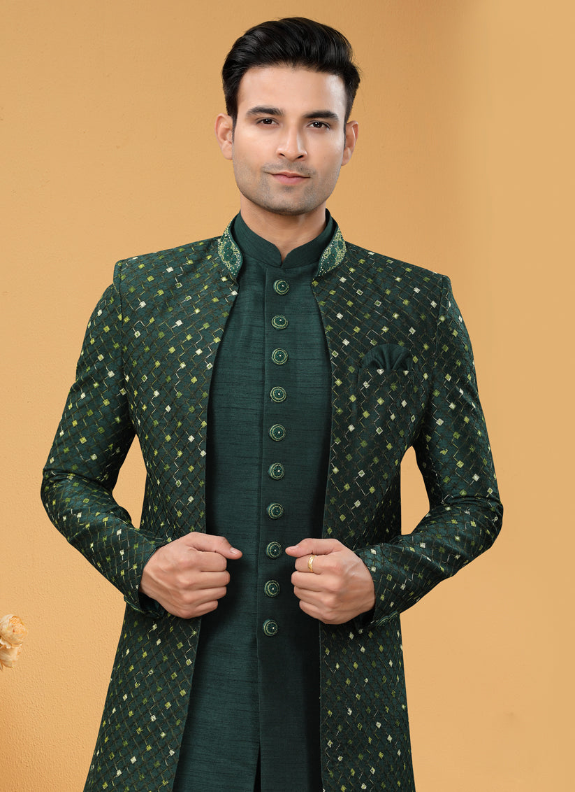 Bottle Green Art Silk Designer Mens Indo Western