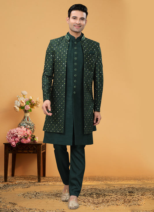 Bottle Green Art Silk Designer Mens Indo Western