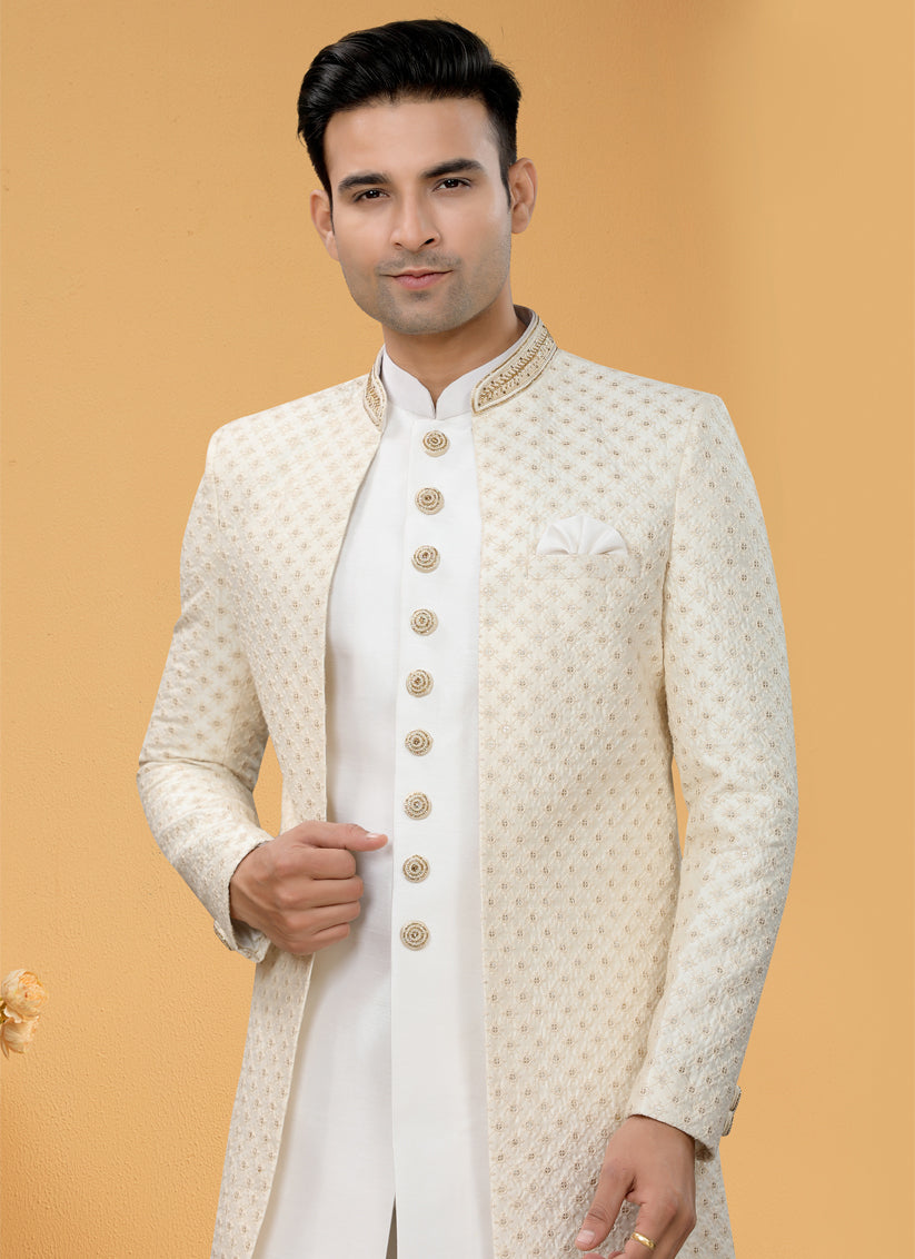 Off White Art Silk Designer Mens Indo Western