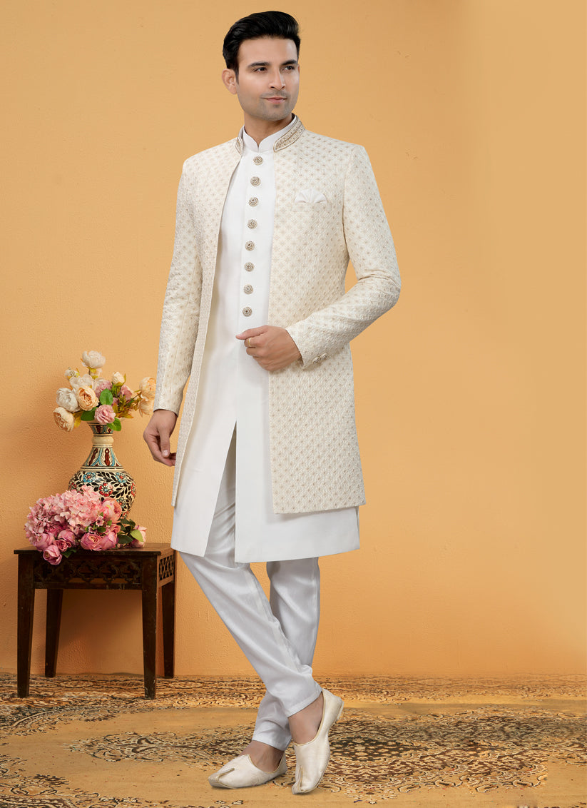 Off White Art Silk Designer Mens Indo Western