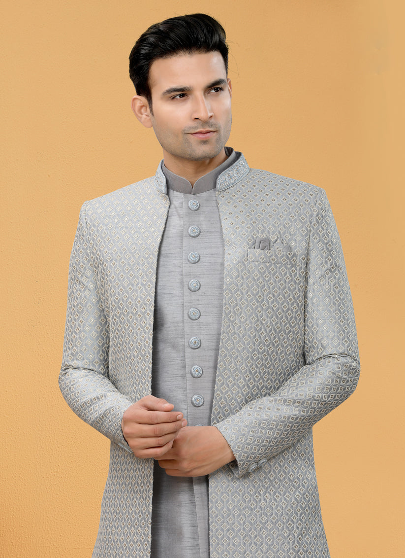 Silver Grey Art Silk Designer Mens Indo Western