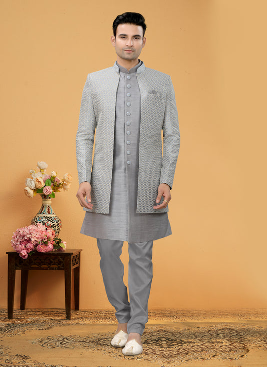 Silver Grey Art Silk Designer Mens Indo Western