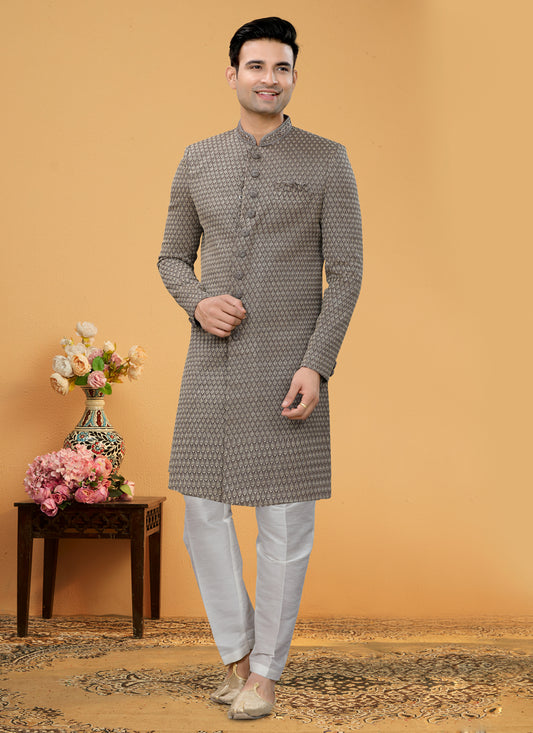 Dusty Grey Faux Bemberg Designer Mens Indo Western