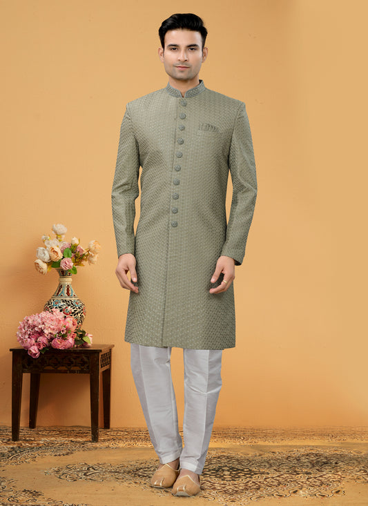 Sage Green Embroidered Designer Mens Indo Western