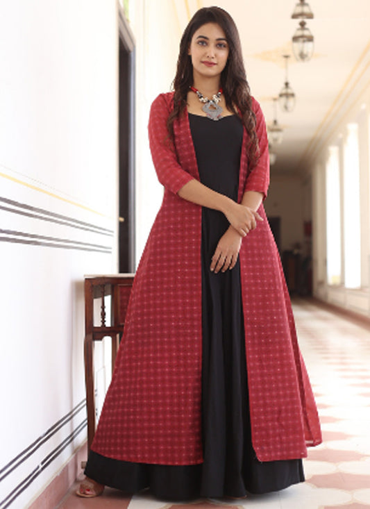 Black Pure Muslin Printed Gown with Chanderi Jacket