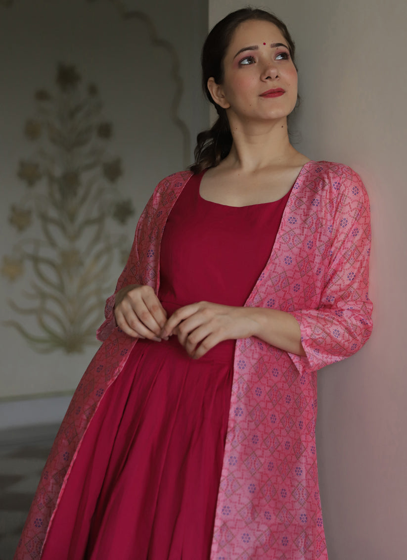 Fuchsia Pure Muslin Printed Gown with Chanderi Jacket