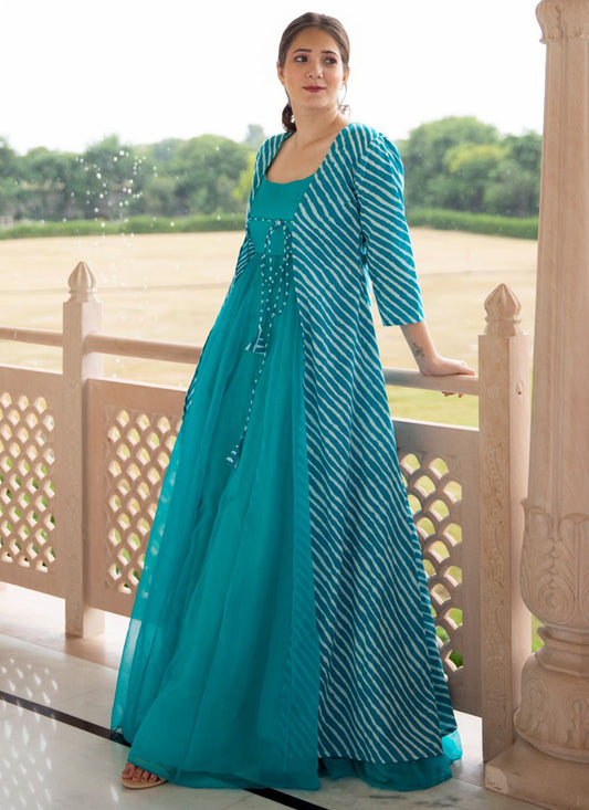 Firozi Georgette Printed Gown with Georgette Jacket