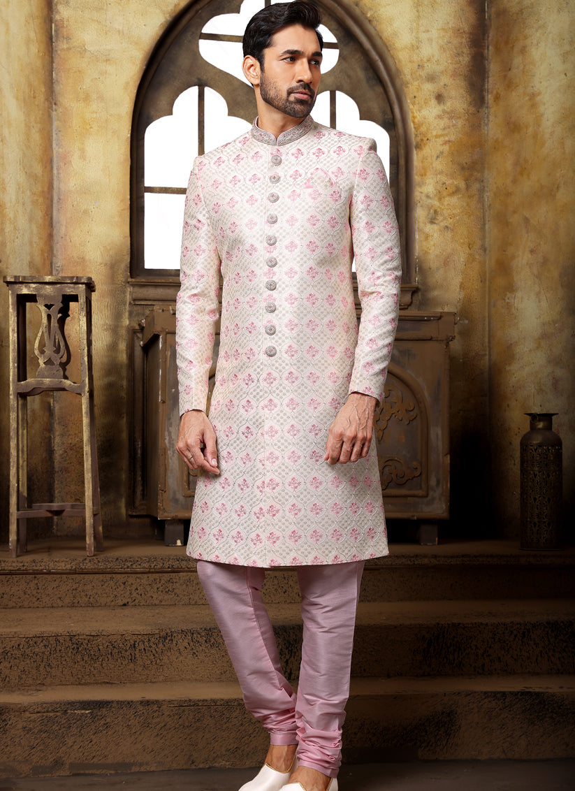 Blush Pink Banarasi Art Silk Nawabi Mens Indo Western