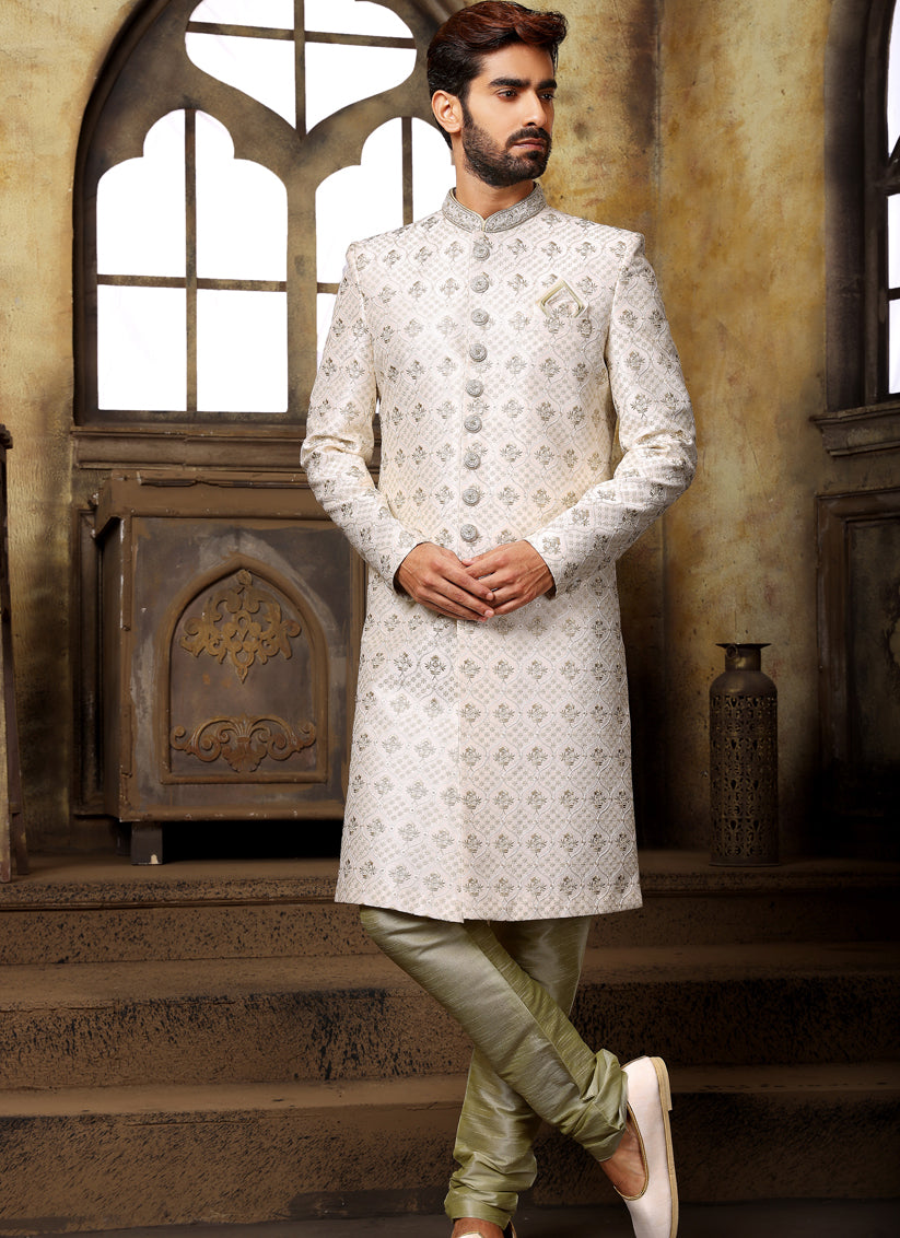 Off White Banarasi Art Silk Nawabi Mens Indo Western