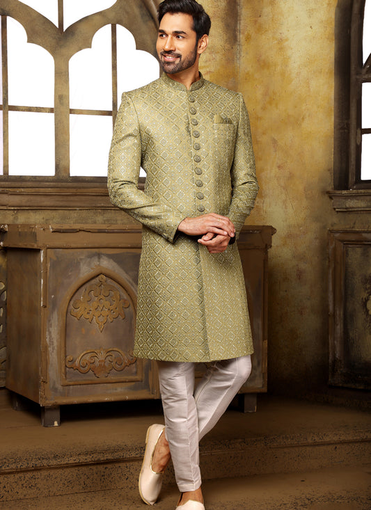 Mehendi Green Banarasi Art Silk Nawabi Mens Indo Western