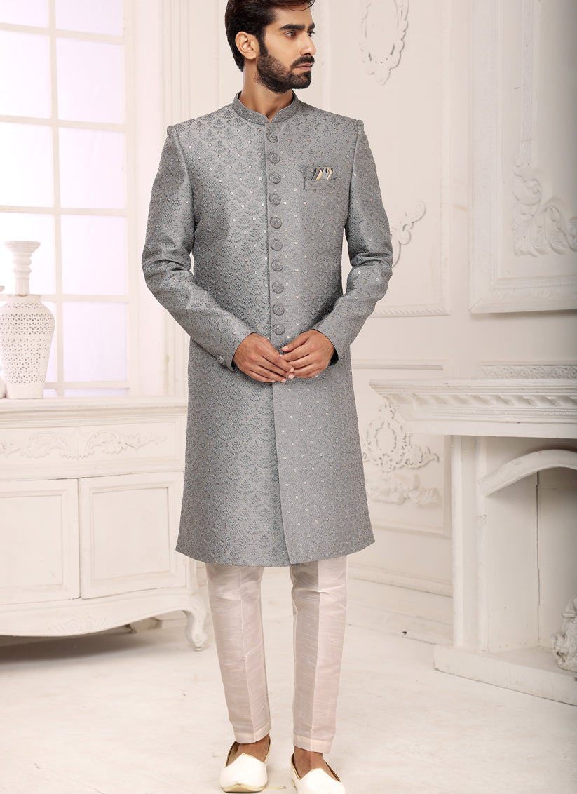 Smoke Grey Banarasi Art Silk Nawabi Mens Indo Western