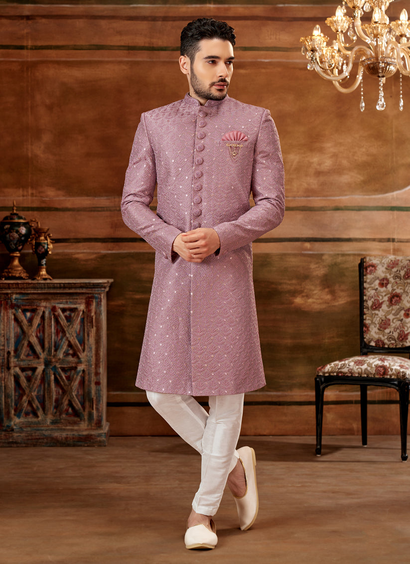 Mauve Pink Banarasi Art Silk Nawabi Mens Indo Western