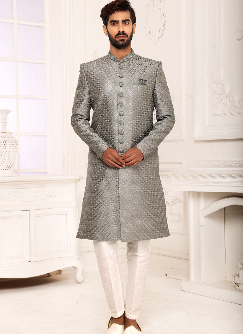 Misty Grey Banarasi Art Silk Nawabi Mens Indo Western