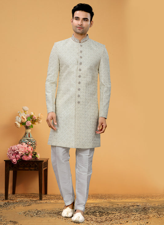 Off White Art Silk Designer Mens Indo Western