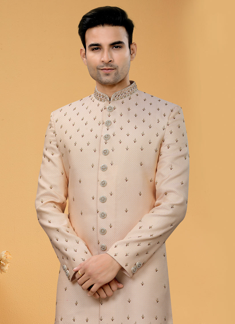 Blush Peach Brocade Designer Mens Indo Western