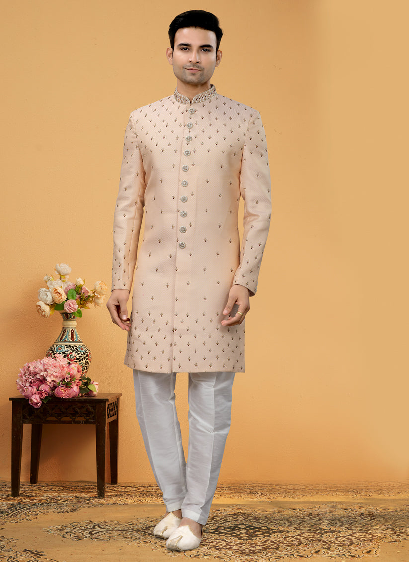 Blush Peach Brocade Designer Mens Indo Western