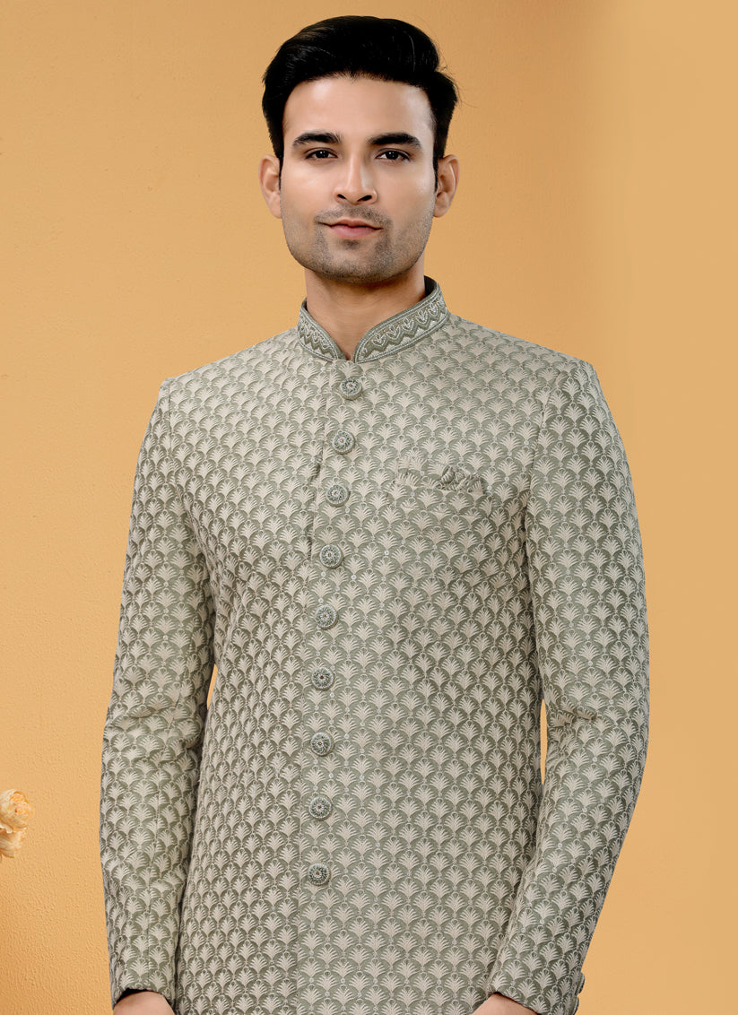 Sage Grey Embroidered Designer Mens Indo Western