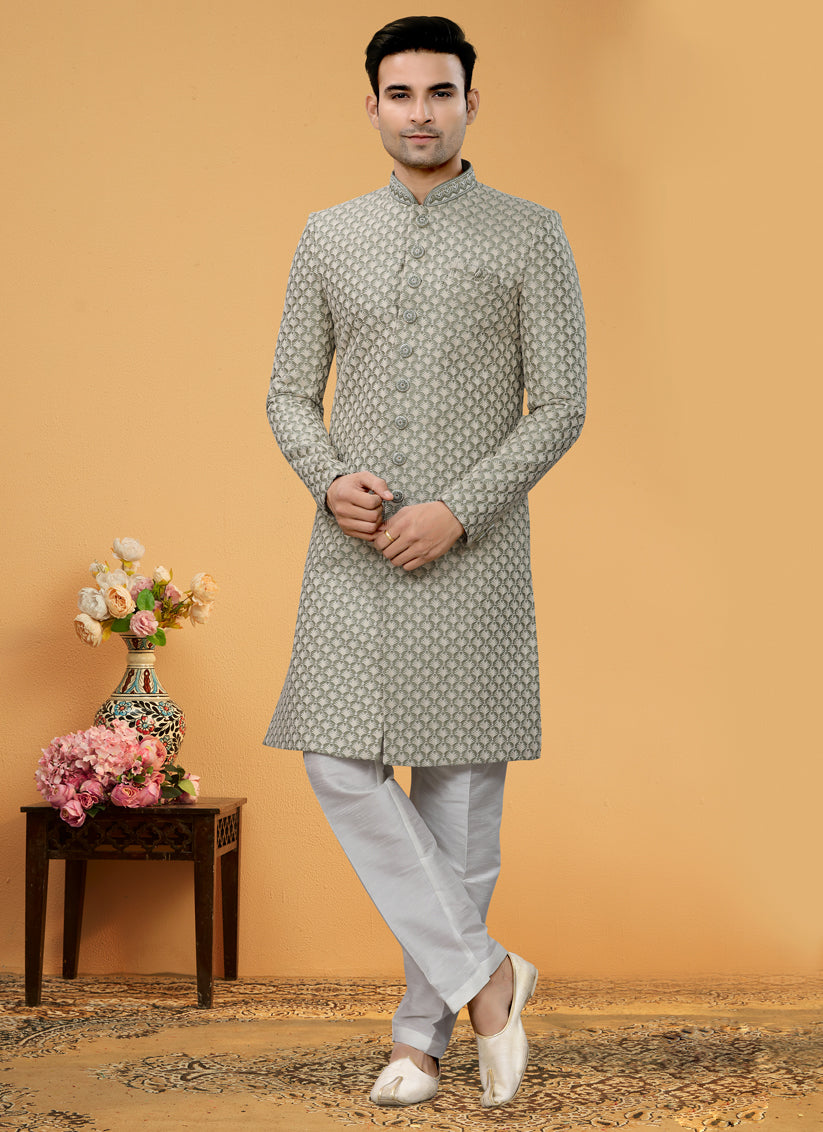 Sage Grey Embroidered Designer Mens Indo Western