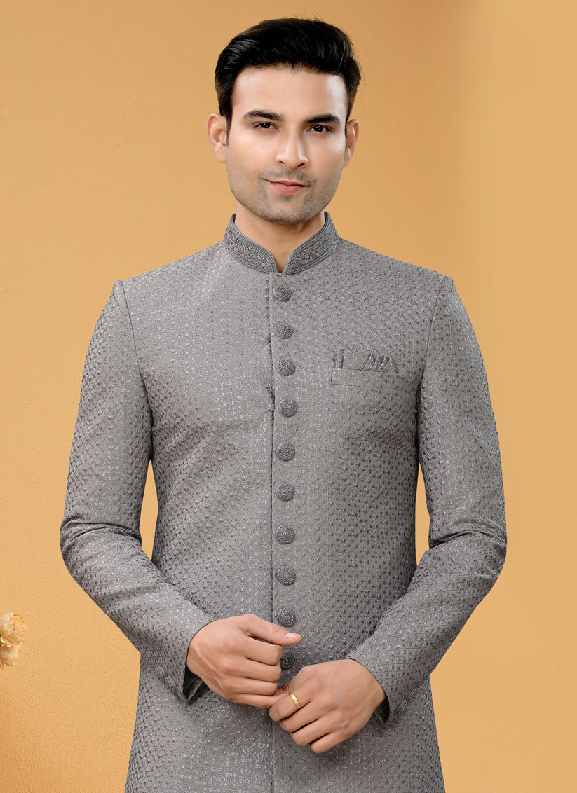 Dusty Grey Embroidered Designer Mens Indo Western