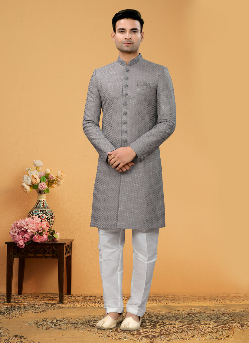 Dusty Grey Embroidered Designer Mens Indo Western