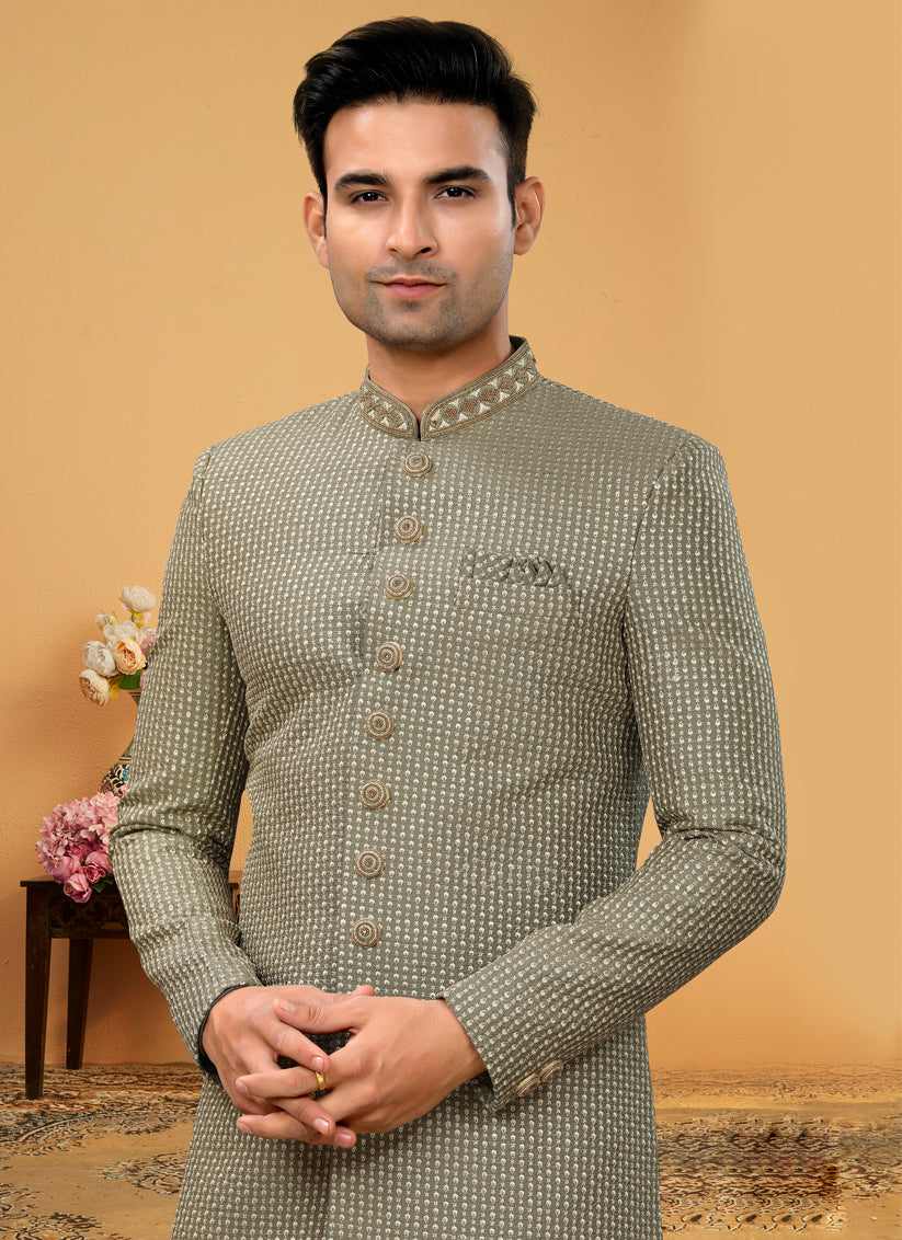 Moss Green Embroidered Designer Mens Indo Western