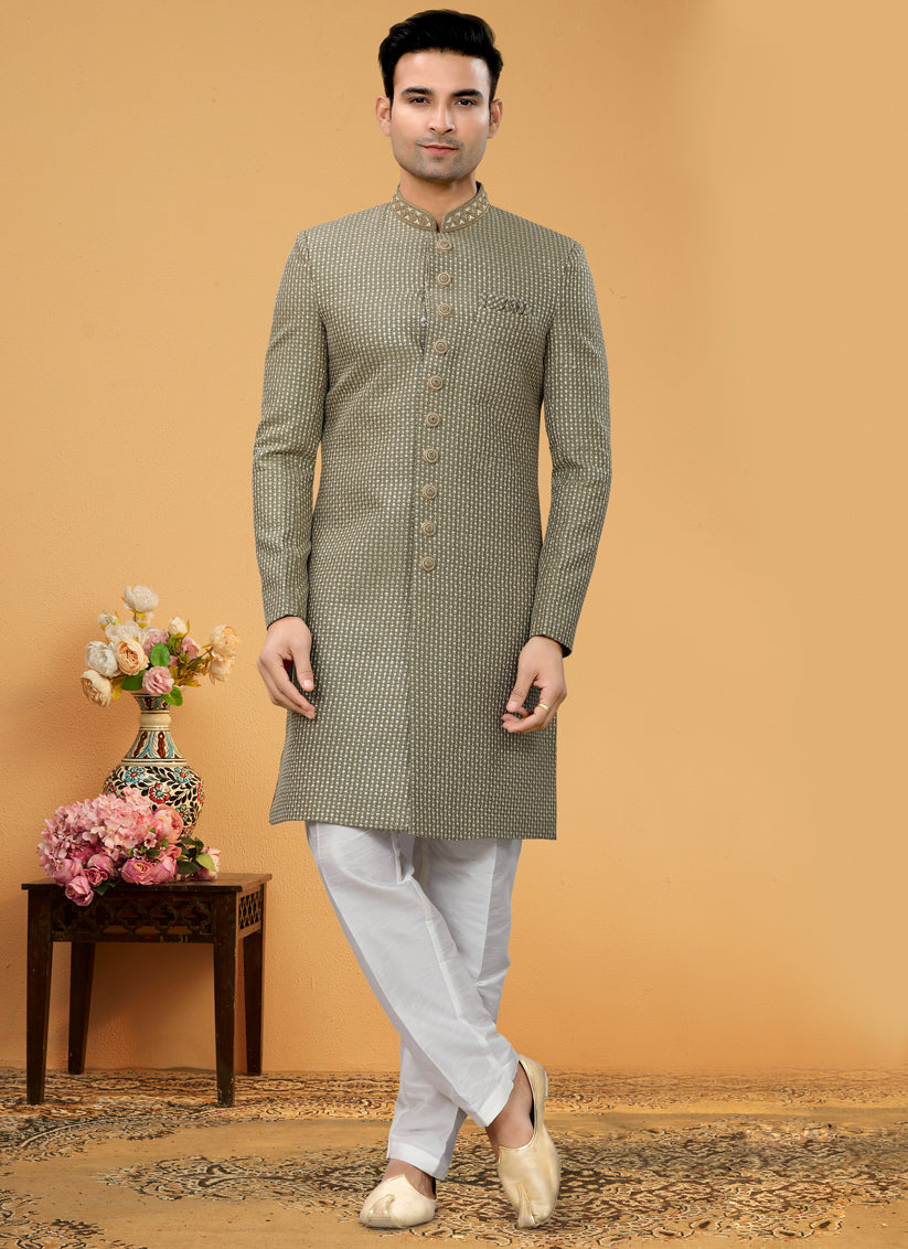 Moss Green Embroidered Designer Mens Indo Western