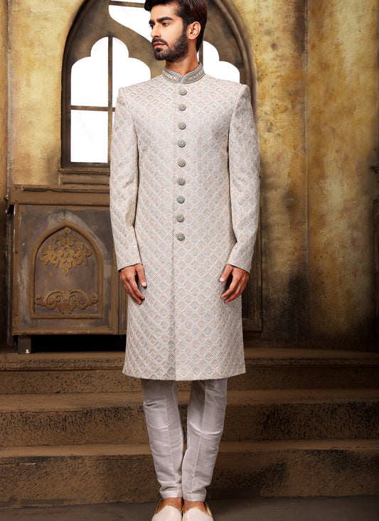 Ash Grey Georgette Handwork Nawabi Mens Indo Western