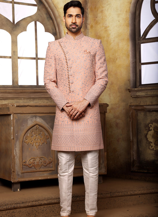 Peach Georgette Embroidered Nawabi Mens Indo Western