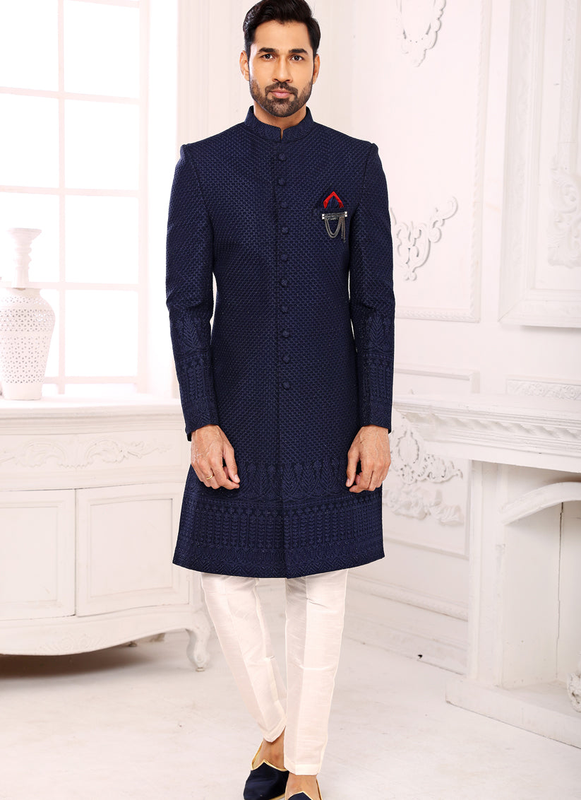 Midnight Blue Georgette Embroidered Nawabi Mens Indo Western