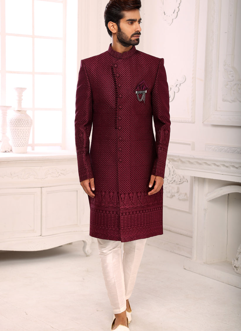 Wine Georgette Embroidered Nawabi Mens Indo Western