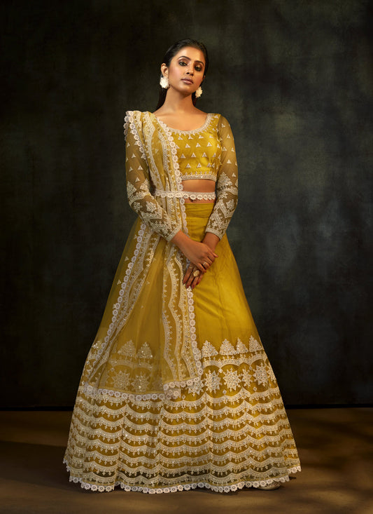 Yellow Net Embroidered Ready To Wear Lehenga Choli