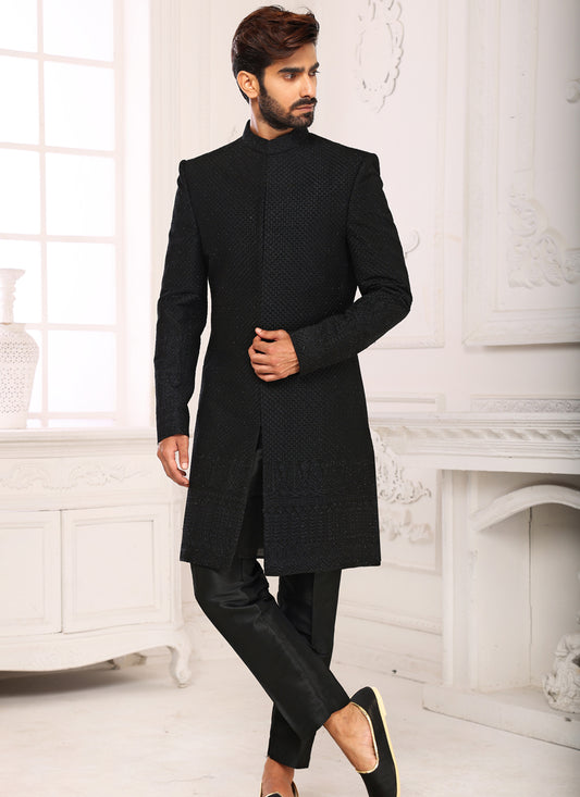 Black Georgette Embroidered Nawabi Mens Indo Western