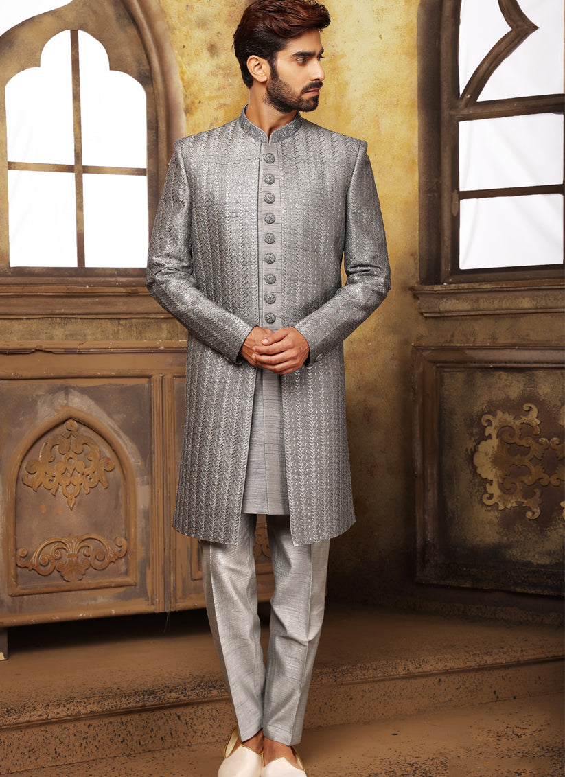 Stone Grey Banarasi Nawabi Mens Indo Western with Jacket