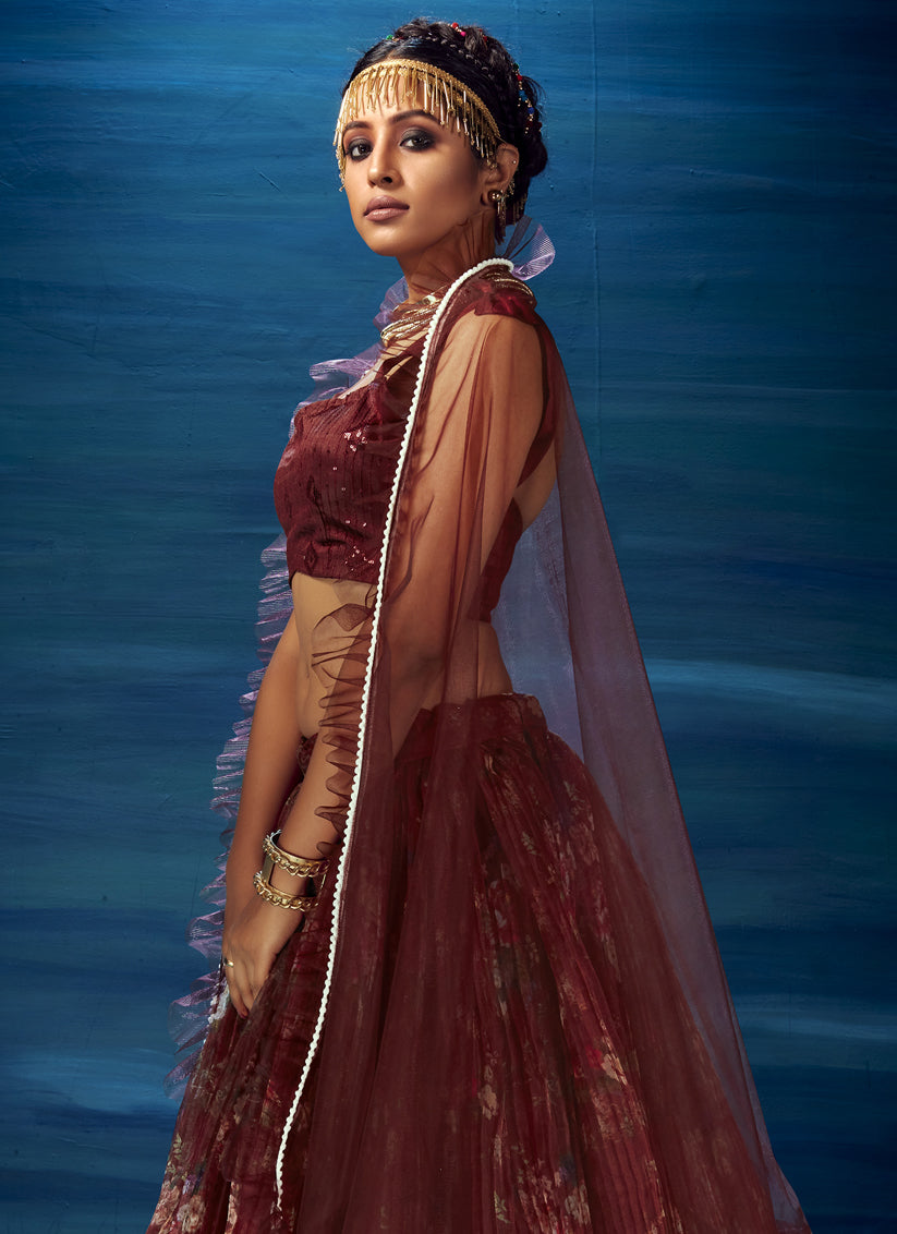 Maroon Heavy Organza Embroidered and Printed Designer Lehenga Choli