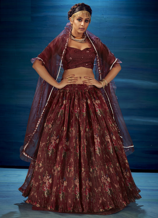 Maroon Heavy Organza Embroidered and Printed Designer Lehenga Choli