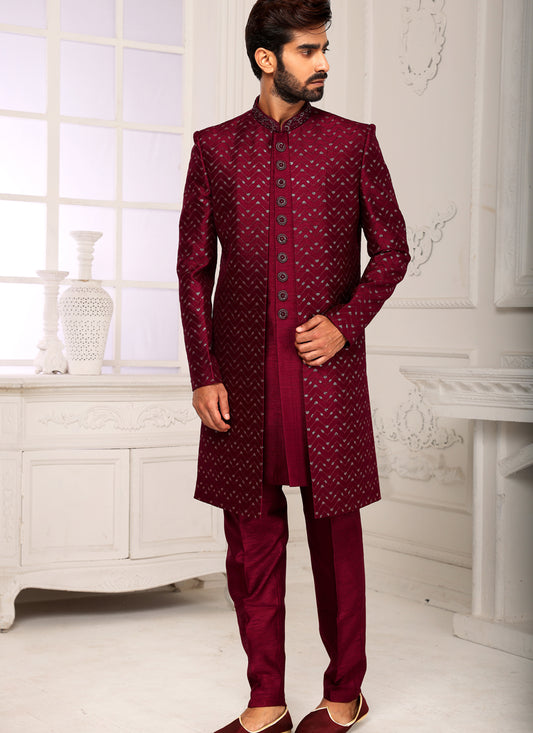 Maroon Banarasi Nawabi Mens Indo Western with Jacket