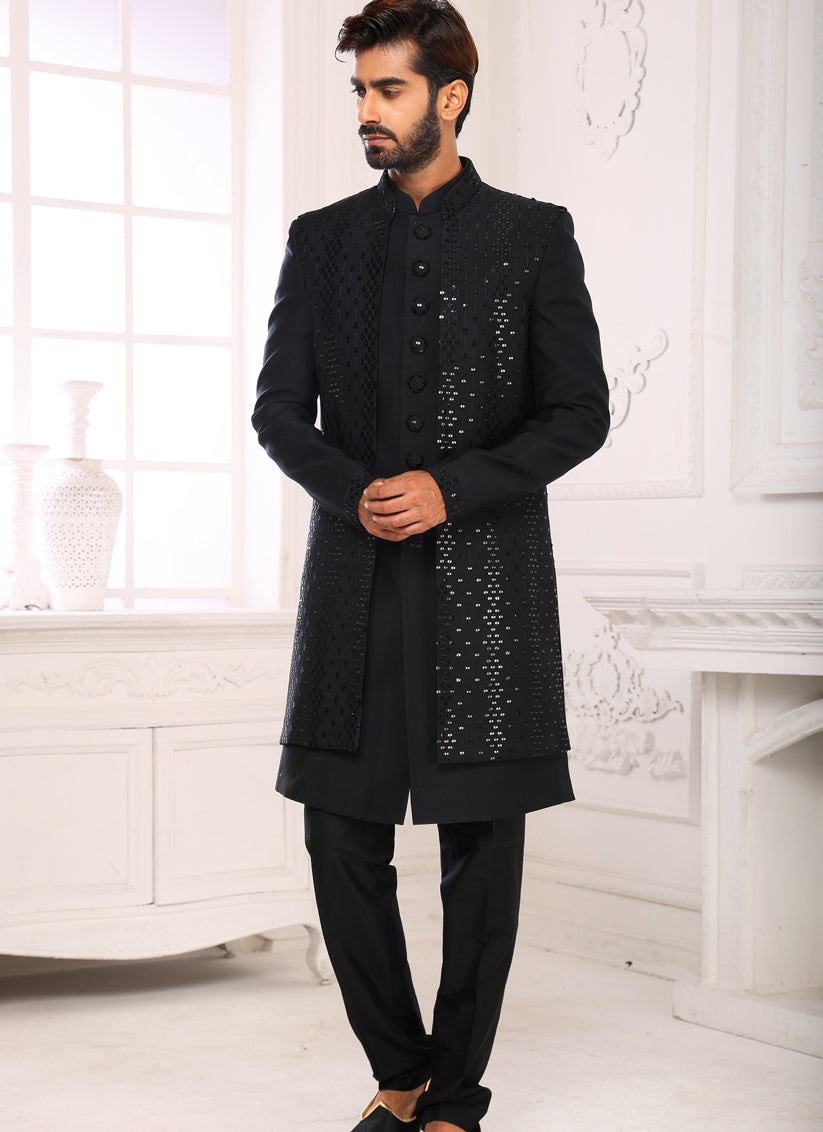 Black Banarasi Nawabi Mens Indo Western with Jacket