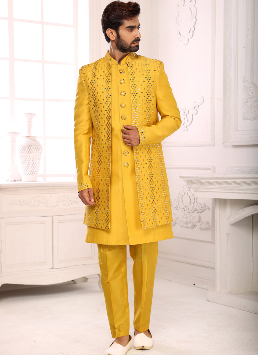 Yellow Banarasi Nawabi Mens Indo Western with Jacket