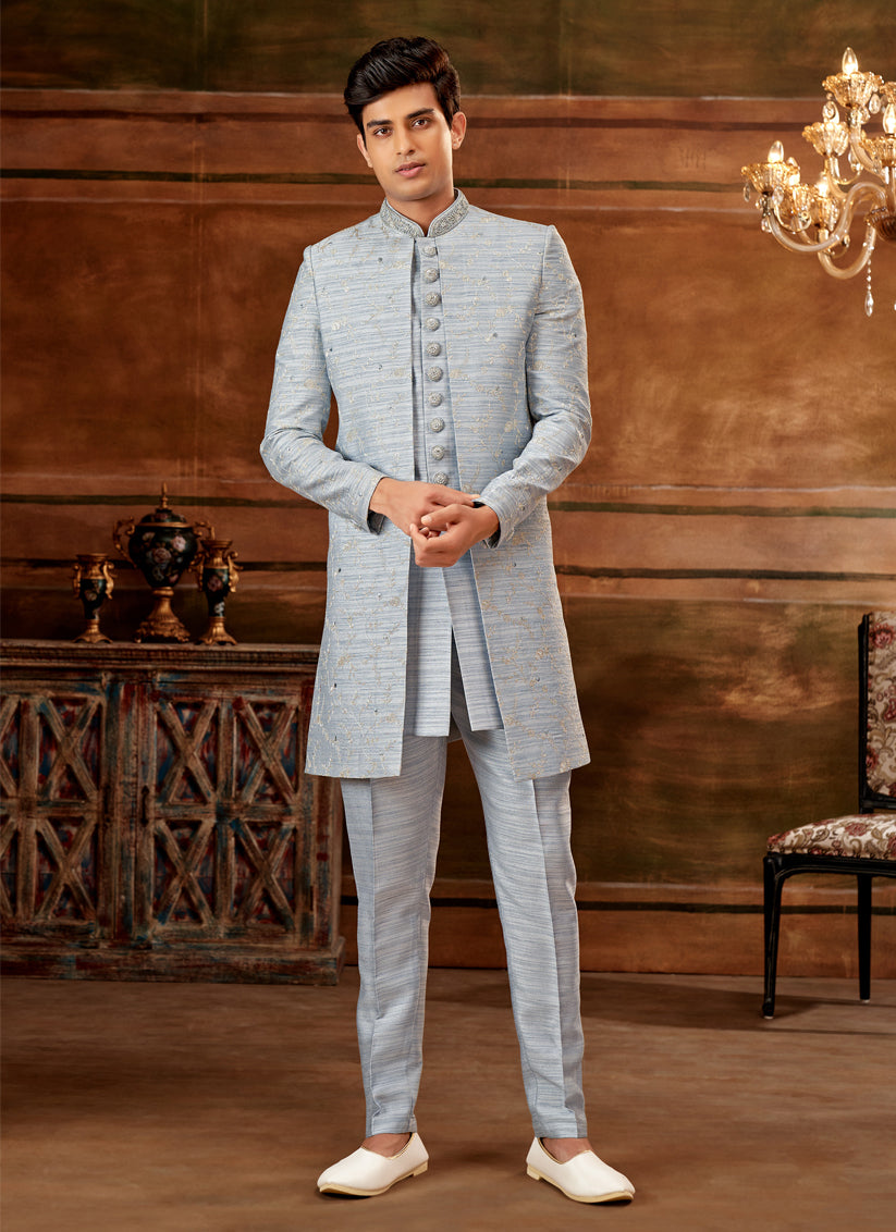 Livid Blue Banarasi Nawabi Mens Indo Western with Jacket