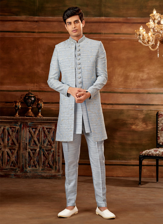 Livid Blue Banarasi Nawabi Mens Indo Western with Jacket