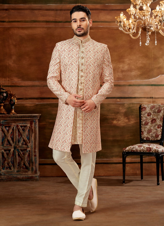 Cream Banarasi Nawabi Mens Indo Western with Jacket