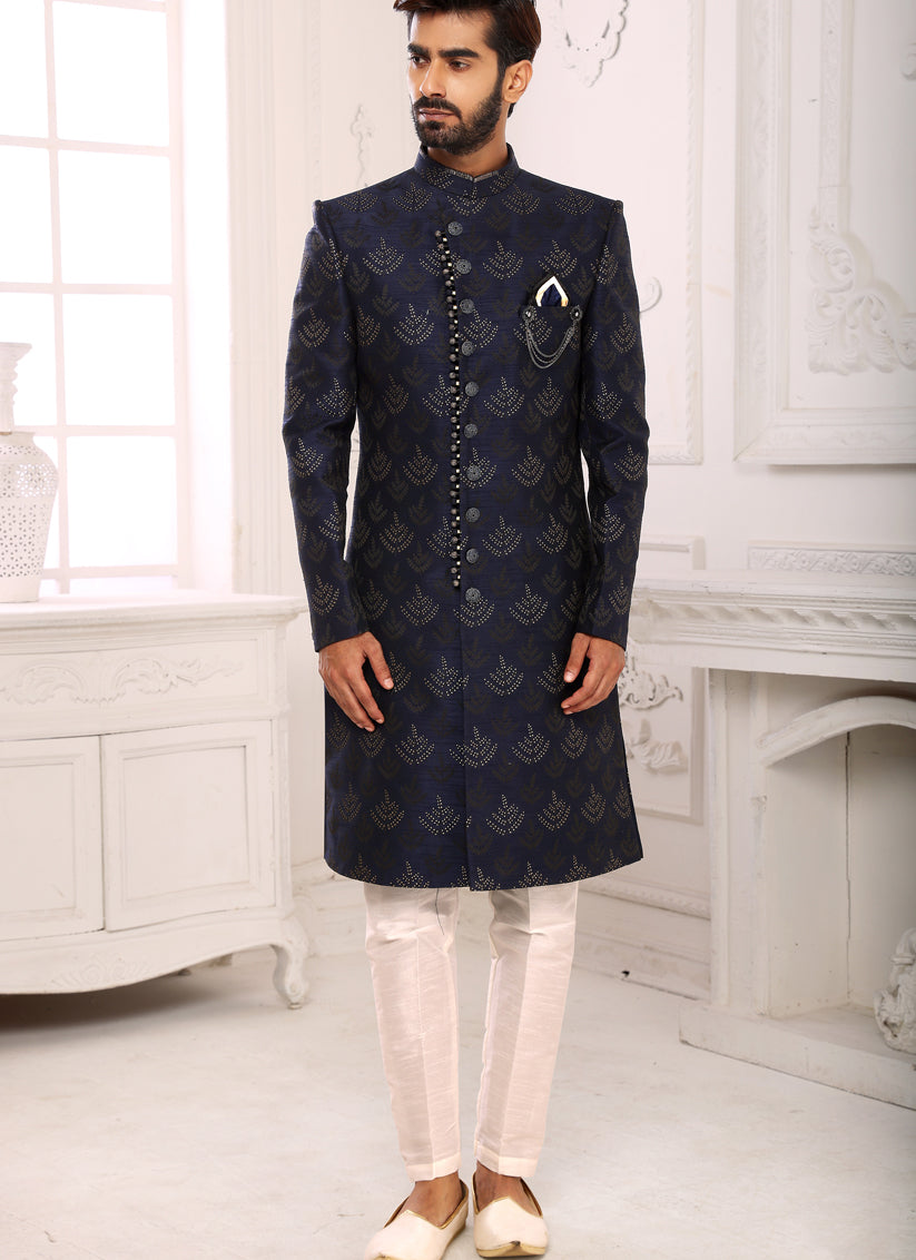 Navy Blue Brocade Jacquard Nawabi Mens Indo Western