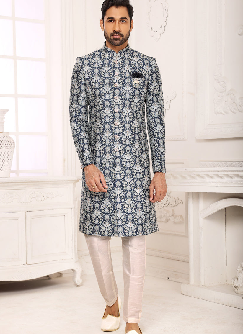 Blue Printed Nawabi Mens Indo Western