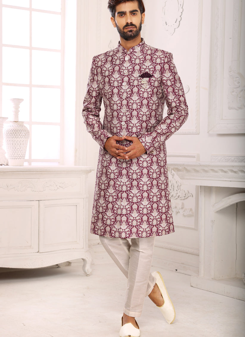 Wine Printed Nawabi Mens Indo Western