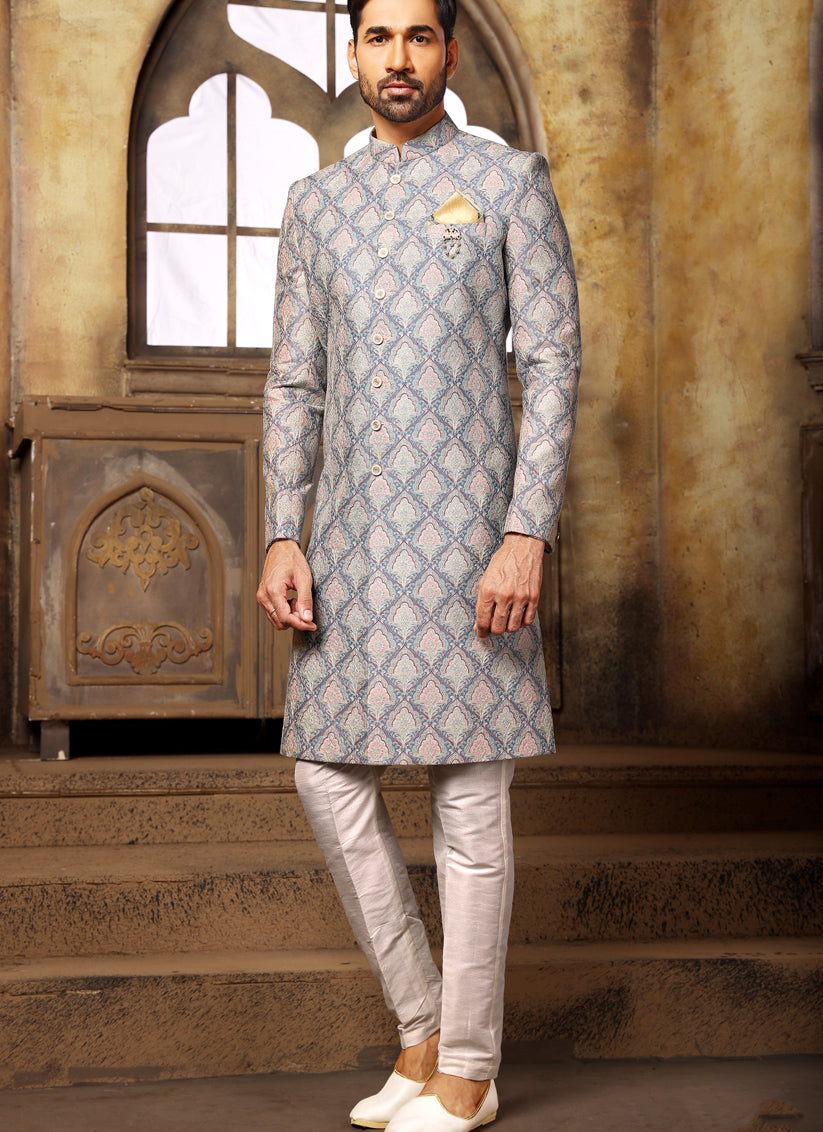 Blue Printed Nawabi Mens Indo Western