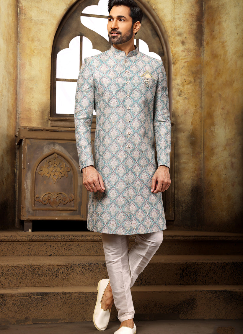 Green Printed Nawabi Mens Indo Western